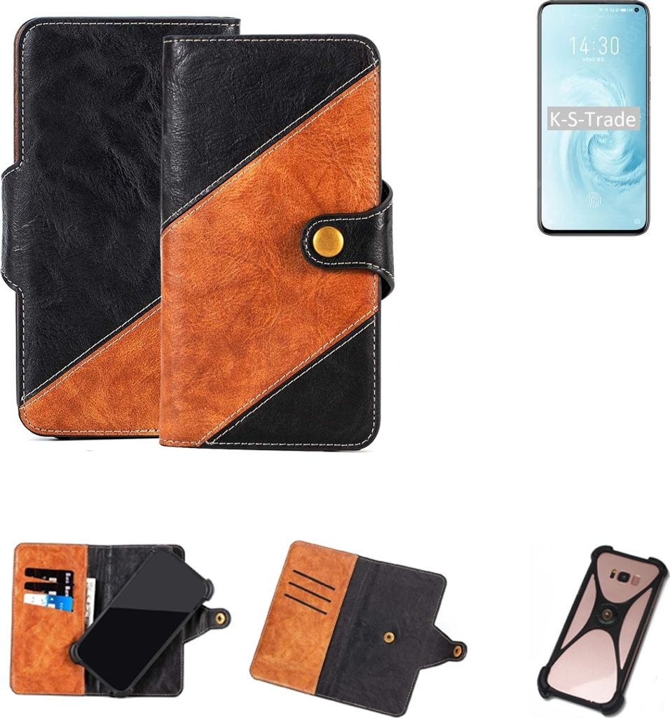 K-S-Trade Handyhülle Schutzhülle Bookstyle Case Wallet-Case kompatibel mit Meizu 17 Handy Cover Bumper Klapphülle schwarz hellbraun 1x