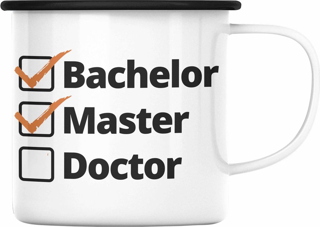 Trendation - Bachelor Geschenk Abschluss Emaille Tasse Spruch Master Graduation Bestanden Prüfung (Schwarz)