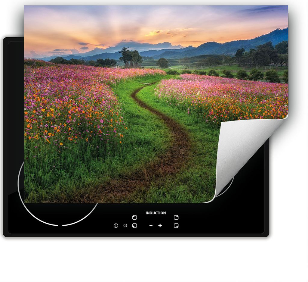 DarHaus Herdabdeckplatte 80x52 cm Anti Rutsch Matte Aufrollbar, Landschaft - Blumen