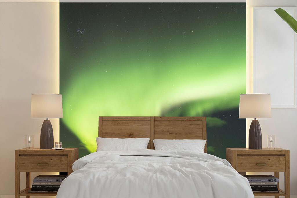 MuchoWow Fototapete für Wohnzimmer oder Schlafzimmer Wandtapete Vinyl Motivtapete Nordlichter - Grün - Norwegen - 220x220 cm - Tapeten