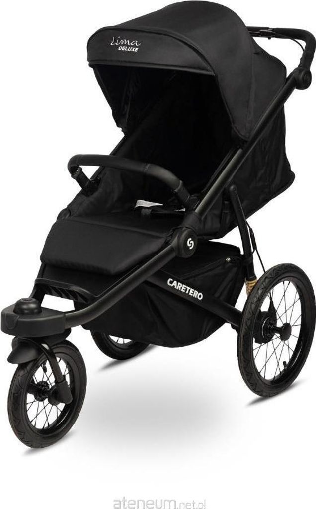 A black stroller is shown against a white background.