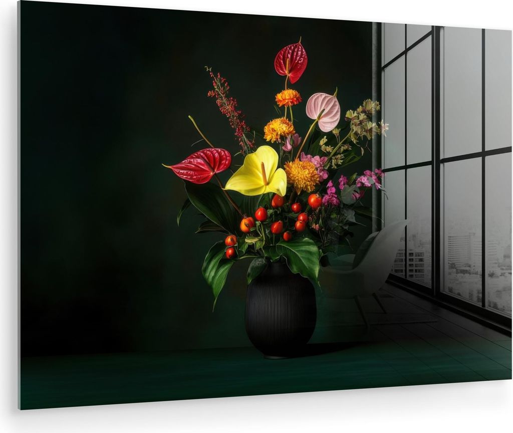 MuchoWow Glasbilder - Bilder auf Wandbild - Foto auf Glas Blumen - Vase - Schwarz 30x20 cm Wanddekoration aus Glas - Acrylglasbild - Acrylbilder - ...