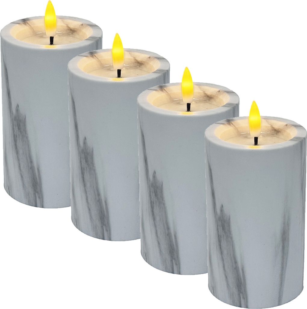 Marrakesch 4er Set LED Kerzen Stumpenkerzen in Marmor Deko ? 7,5cm 12cm hoch | Outdoor Flackernde Led Kerze Batteriebetrieben mit Timerfunktion fü...