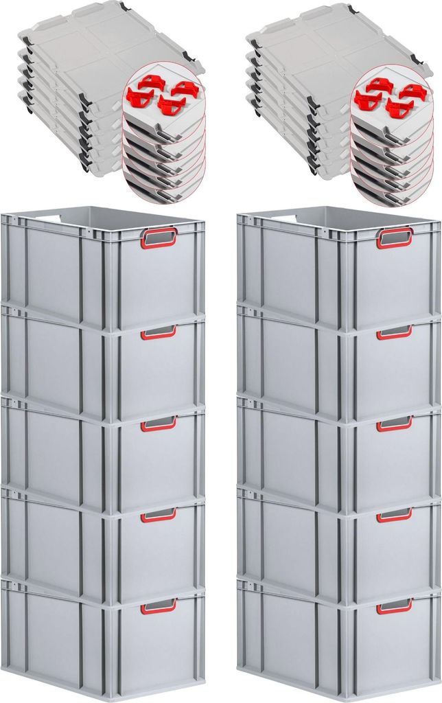 SparSet 10x Eurobox NextGen Color mit Auflagedeckel und Schiebeschnappverschlüsse | HxBxT 32x40x60cm | 65 Liter | Griffe rot offen | Verstärkter ...