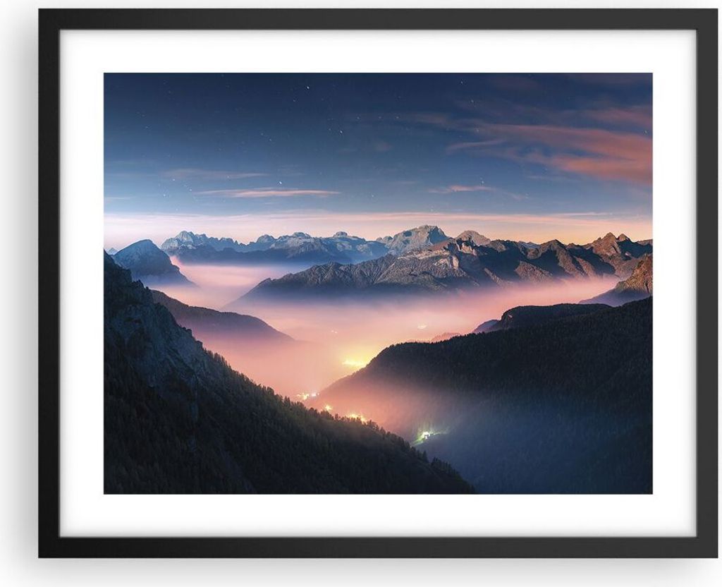 Gerahmtes Poster - Schwarzer Rahmen - Berge Wolken Nebel - 50x40 cm - Wand Bild - Wanddeko - Wandbilder - Kunstposter - Wandposter - Bilderrahmen -...