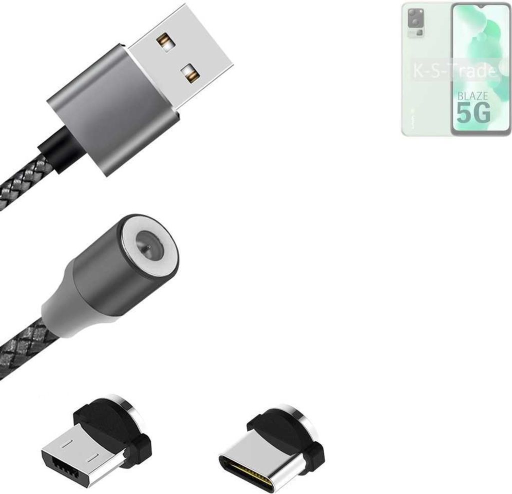 K-S-Trade Hochwertiges Magnet-Lade-kabel Sync-Kabel Daten-Kabel für Lava Blaze 5G mit USB-Typ-C-Anschluss und Micro-USB-Anschluss 2A bis zu 480mbps