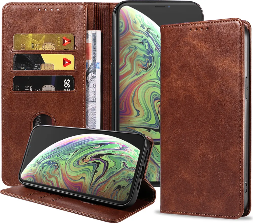 Smartphonica iPhone Xs Max custodia in ecopelle con chiusura magnetica e porta carte a libro - marrone scuro