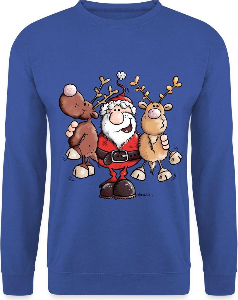 Spreadshirt Fröhlicher Weihnachtsmann Mit Rentieren Cartoon Stil Uni Pullover, 3XL, Royalblau