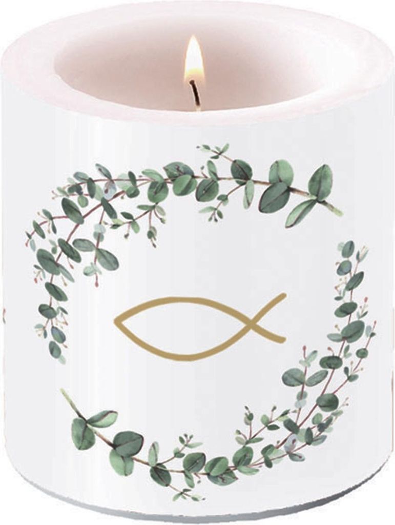 Stumpenkerze Paraffin 7,5x9cm mit Kommunion Fisch Motiv Weiß / Grün