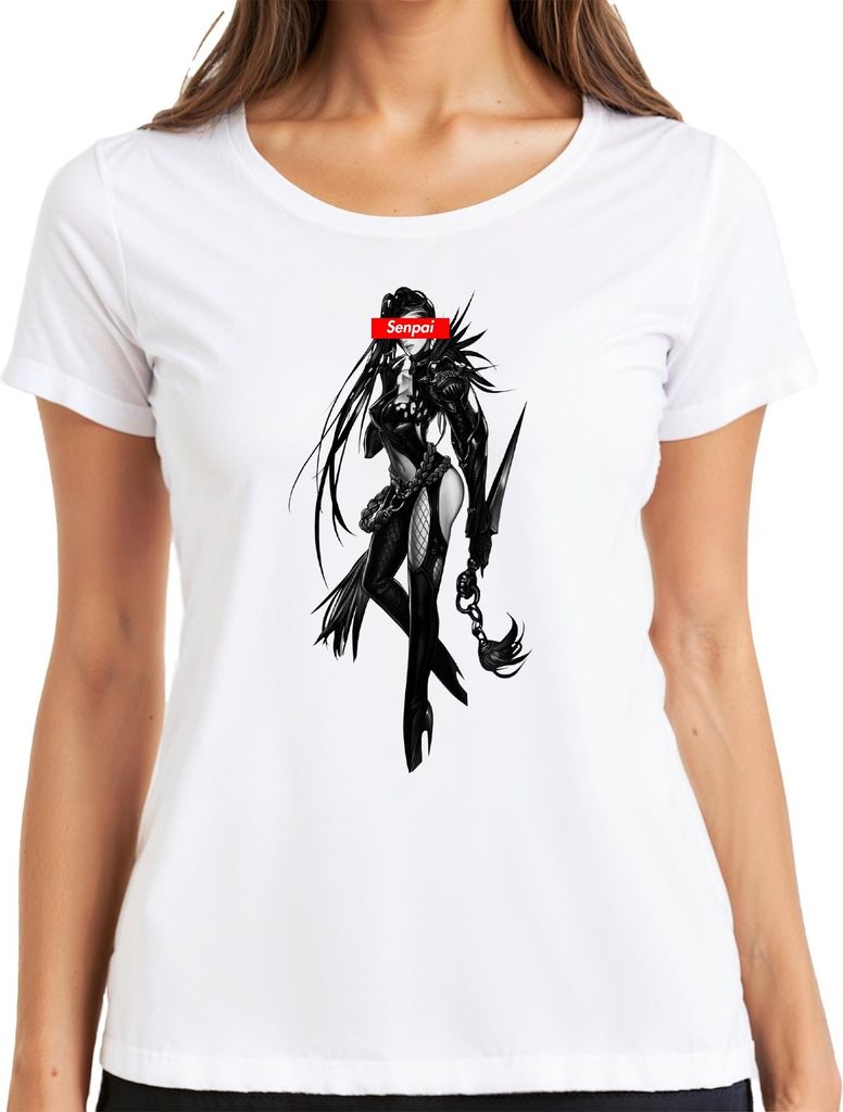 Senpai Anime Gothic Waifu Kämpferin Dunkle Fantasy Manga Otaku Damen T-Shirt, Weiß, XL