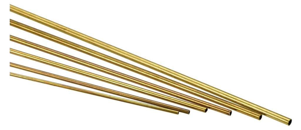 Messingrohr mit Außendurchmessern von 1 mm bis 2 mm und 0,2 mm Wandstärke, 300 mm lang, 6 Stück