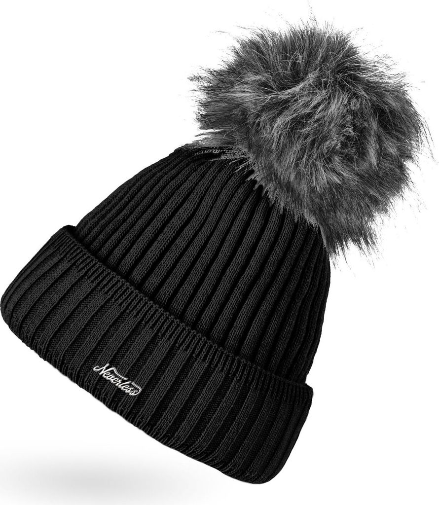Damen Strick-Mütze gefüttert Fell-Bommel Kunstfell Bommelmütze Umschlag Rippenmuster Neverless schwarz