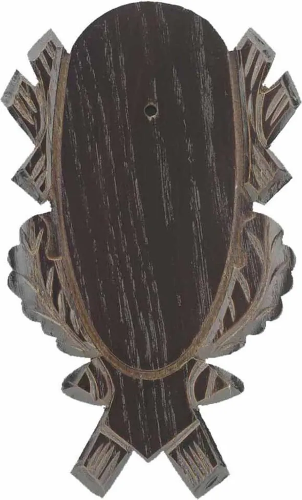 Scudetto Trofeo Capriolo Rovere Scuro 21x12cm | Tavola Intagliata 4 Foglie - 1