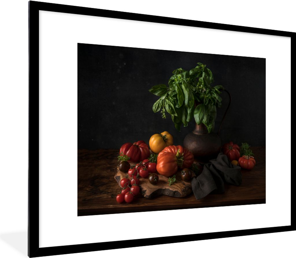 MuchoWow Gerahmtes Poster Stilleben - Tomaten - Basilikum - Gemälde - Gemüse - Schwarz 80x60 cm - Poster mit Schwarzem Bilderrahmen Wandposter ...