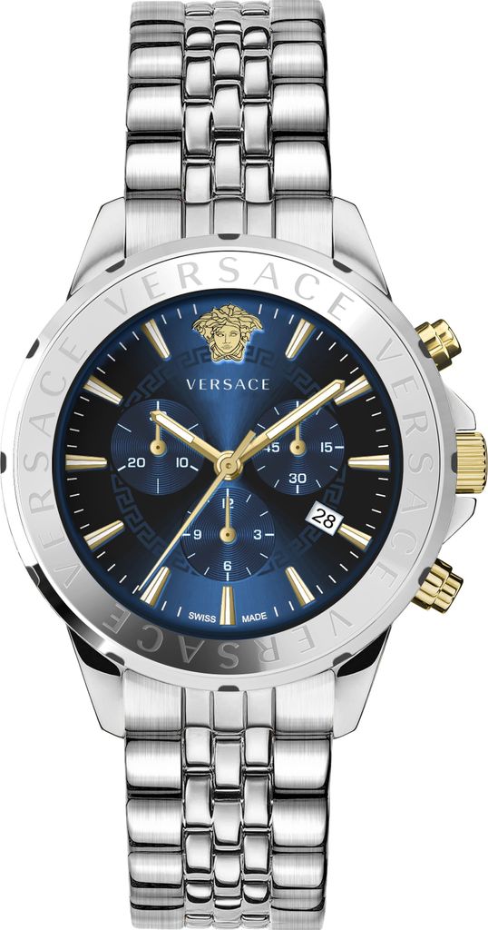A close-up, studio shot of a men's chronograph watch.