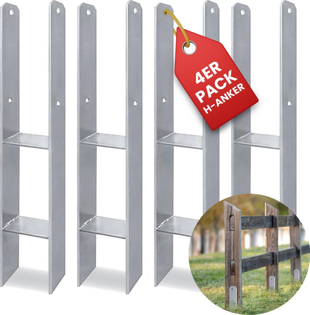 Four H-shaped metal fence post anchors are shown against a white background, with a red tag indicating a 4-pack.