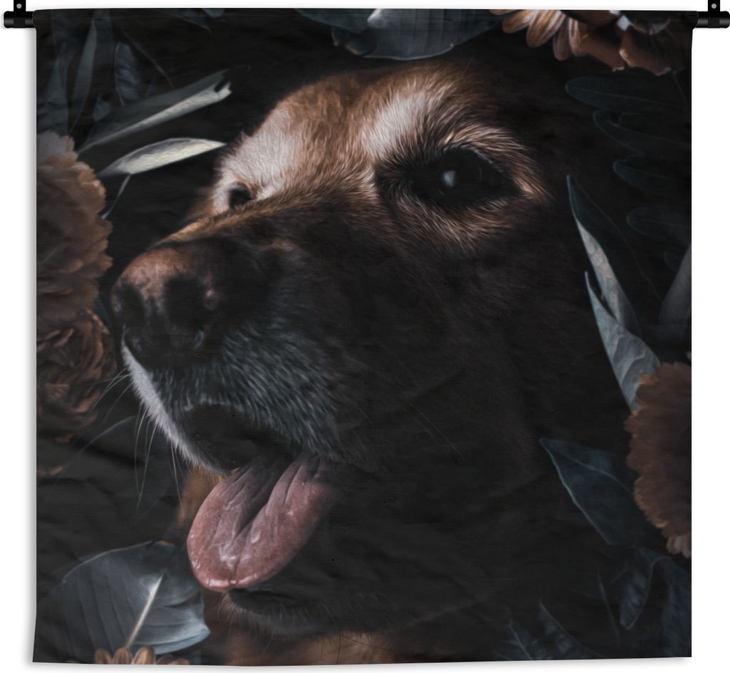 MuchoWow Wandteppich Wandbehang Hund - Blumen - Blätter - Botanisch 150x150 cm Tapisserie Dekoration Wandtuch - Wohnaccessoires - Modernes
