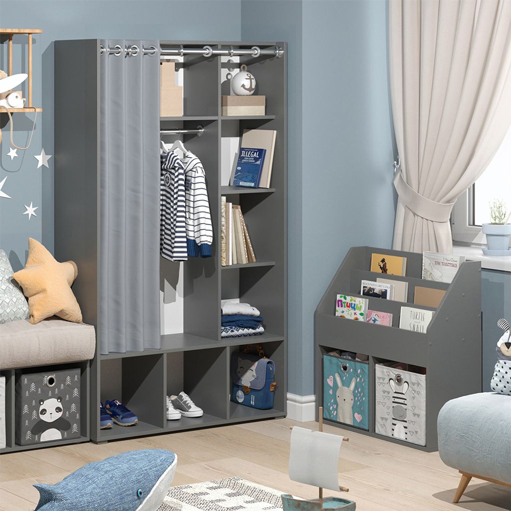 Kinderkleiderschrank Vicco Luigi Grau 105.8 x 178.1 cm mit Vorhang-Kleiderstange, Model 40649