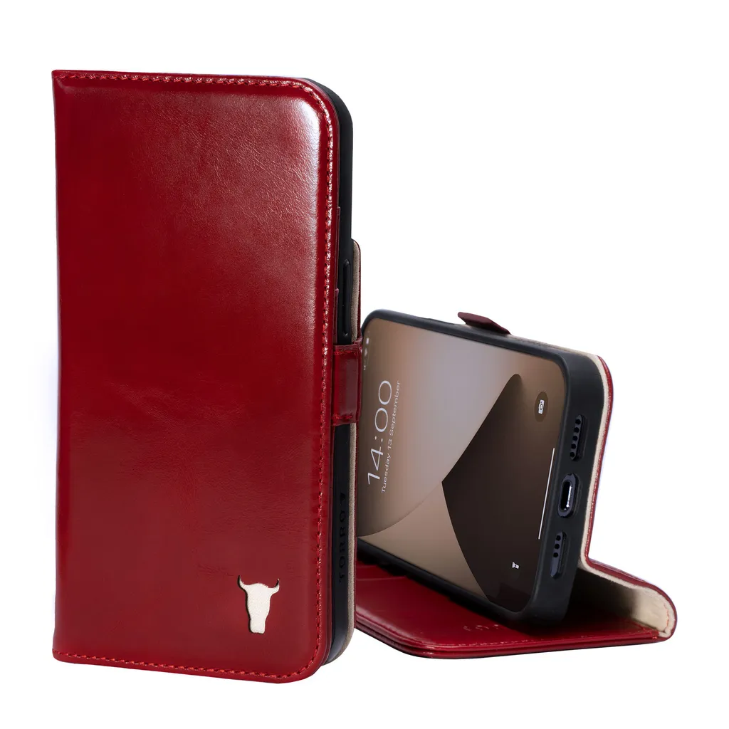 Custodia iPhone 13 TORRO in Vera Pelle Rossa con Stand | Lusso Artigianale