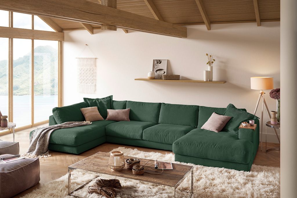 KAWOLA Sofa MADELINE Wohnlandschaft U-Form Cord smaragd Longchair rechts