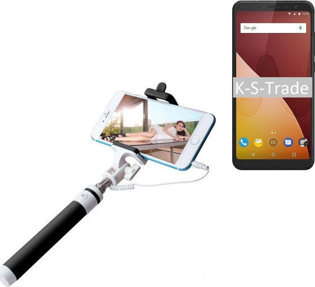 K-S-Trade Selfie Stick kompatibel mit Wiko View Prime Selfiestick kabelgebunden Monopod mit Kabel Stab Stange Selfportrait Handheldstick schwarz 1x