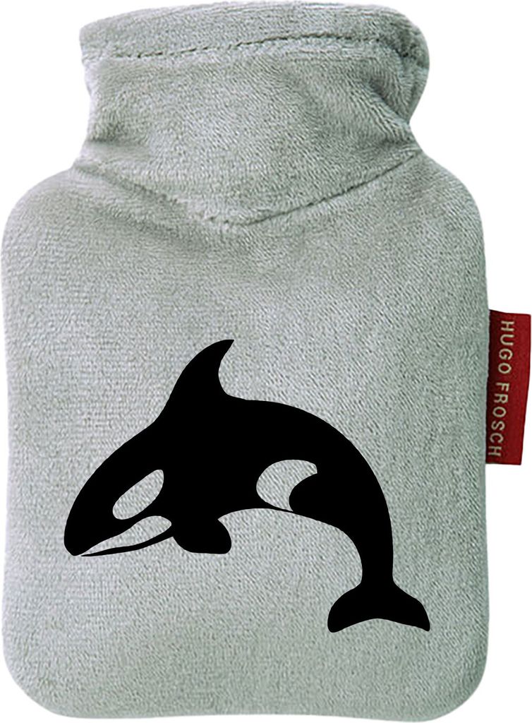 Huuraa Mini-Wärmflasche Orka Killerwal 0,2 Liter Grey Mini Veloursbezug Taschenwärmer Geschenkidee