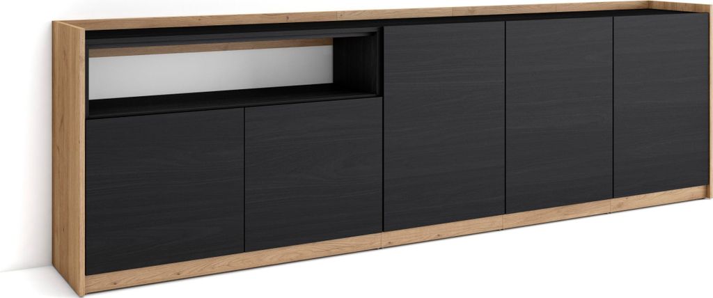 Sideboard, Highboard, 260x37x80cm, 5 Türen, Wohnzimmer, Küche, Schwarz Eiche