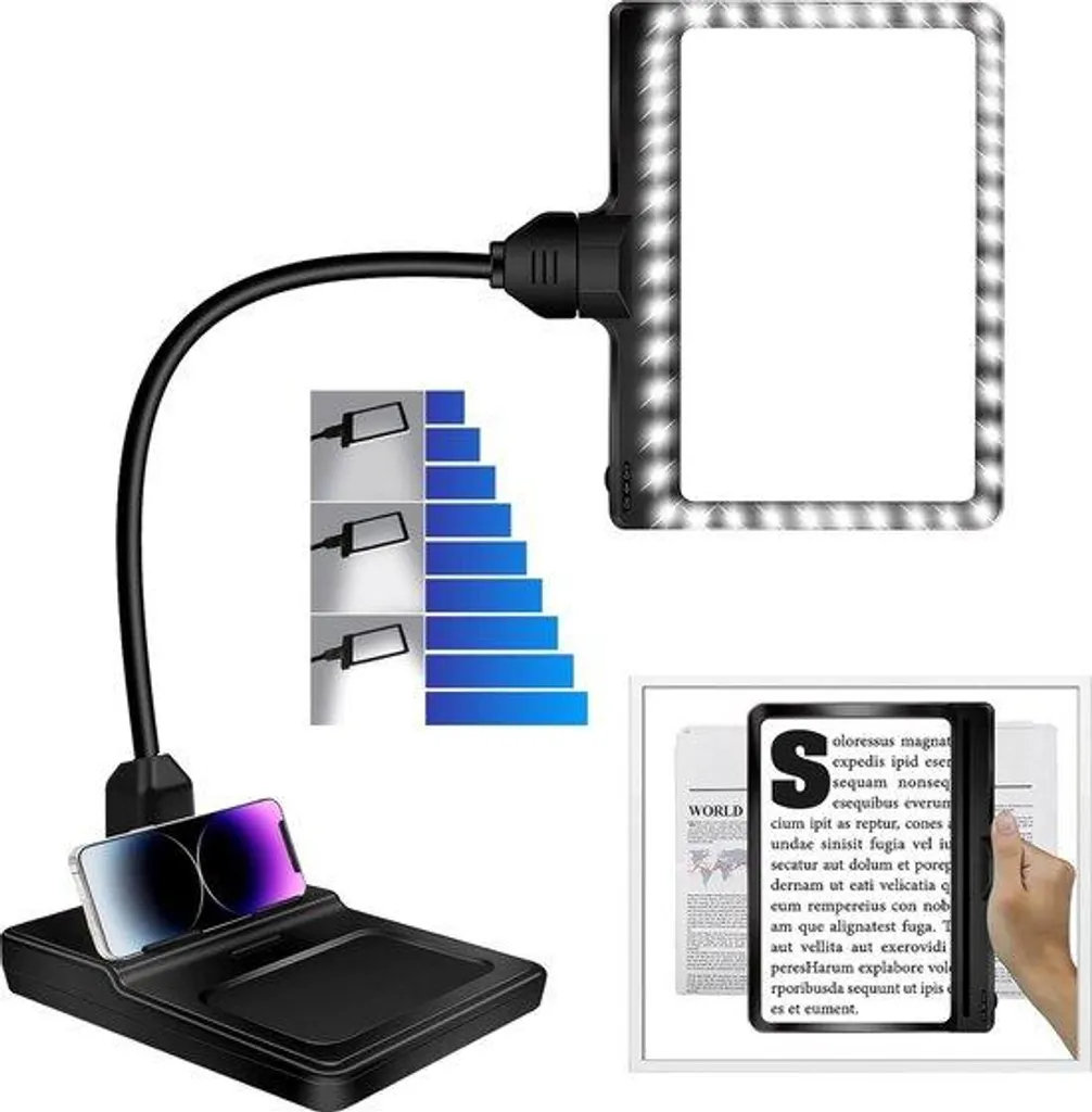 Loupe 4x avec éclairage 36 LED et trépied flexible pour bureau noir