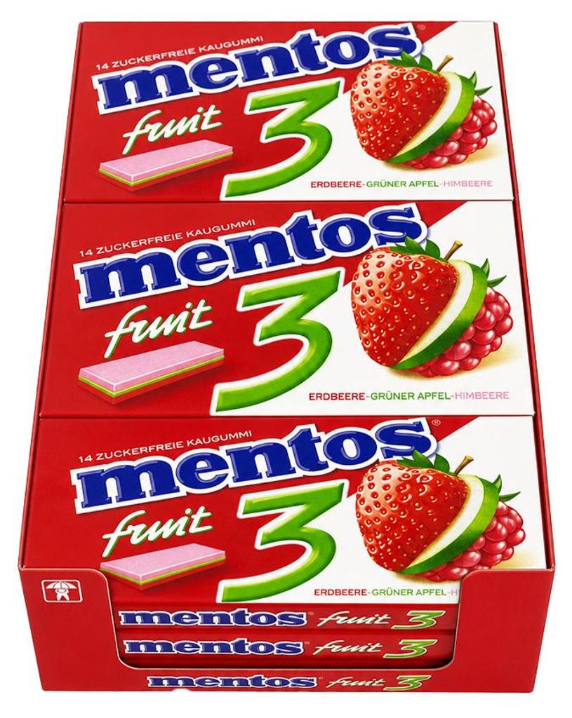 Mentos Kaugummi, Fruit 3, zuckerfrei, 12x 33g à 14 Stück Produktbild 