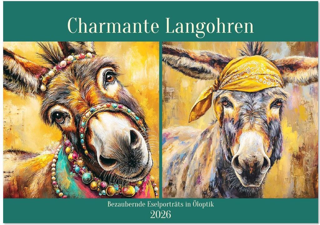 Charmante Langohren. Bezaubernde Eselporträts in Öloptik (Wandkalender 2026 DIN A3 quer), CALVENDO Monatskalender