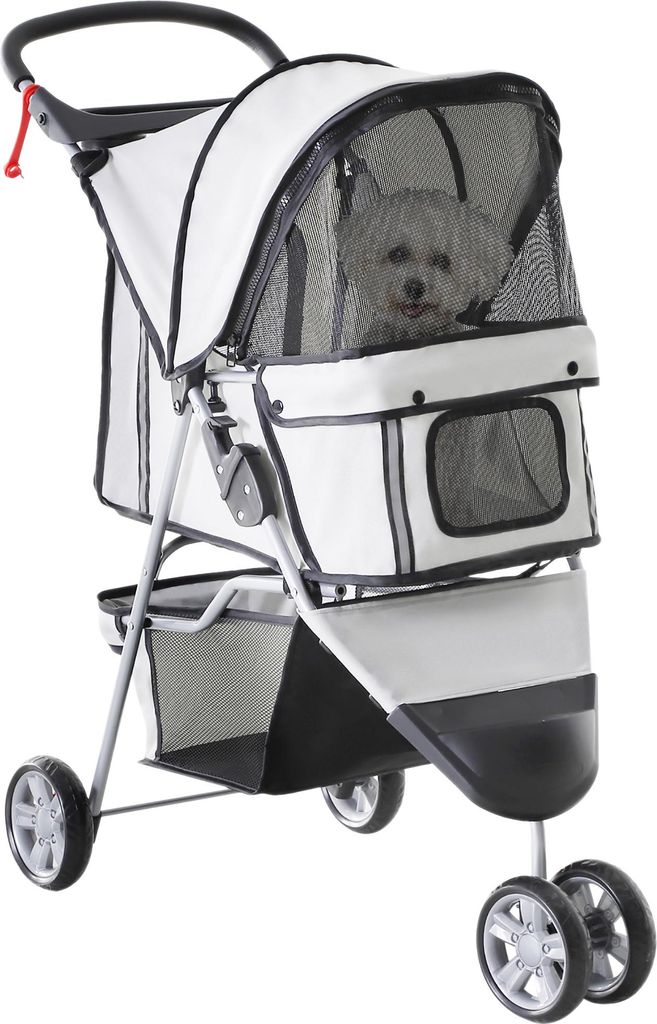 Klappbarer Hundewagen bis 10 kg mit Bodenkorb, 2 Becherhaltern und verstellbarem Vordach in Grau