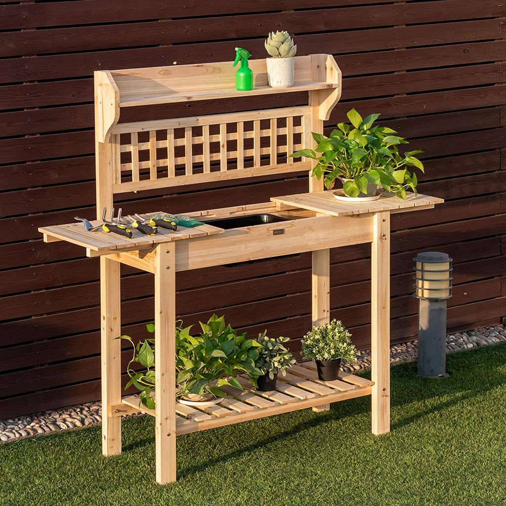 HOMCOM Gartenarbeitstisch Holzpflanztisch Gärtnertisch Gartentisch mit Wanne