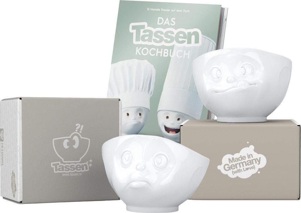 FIFTYEIGHT Schalen-Set 2-tlg. 500 ml + Kochbuch | Nr. 005 | Müslischalen weiß | Motive: Schmollend + Lecker