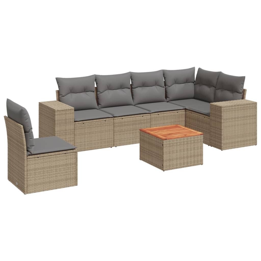 7-tlg. Garten-Sofagarnitur mit Kissen Beige Poly Rattan Produktbild 