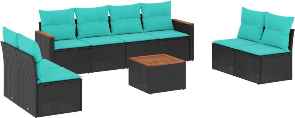 9-teiliges Gartensofa-Set mit Kissen, schwarzes Polyrattan