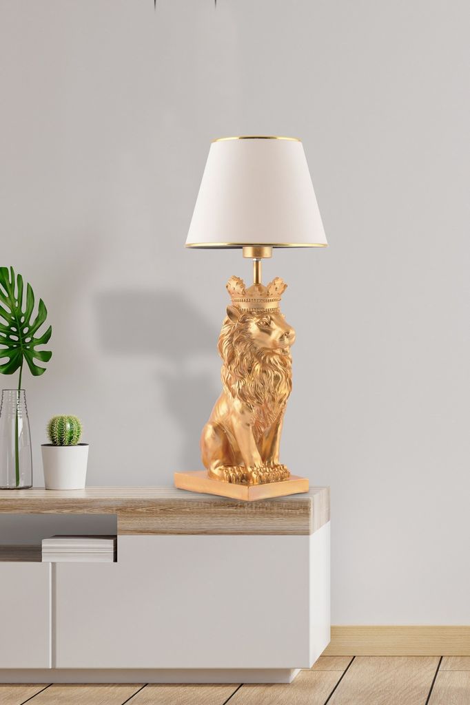 Opviq, Lion King - White,Tischlampe, Weiß, POLYESTERKÖRPER, 22 x 22 x 60 cm