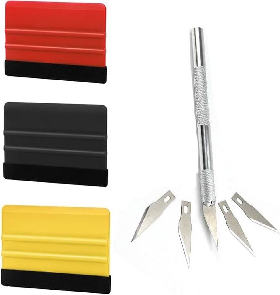 Kunststoff Schaber Set,3er-Pack Schaber mit Filzkante,1 Aluminium-Schnitzmesser + 5 Klingen, für Autoschaum und kratzfester Kunststoffschaber