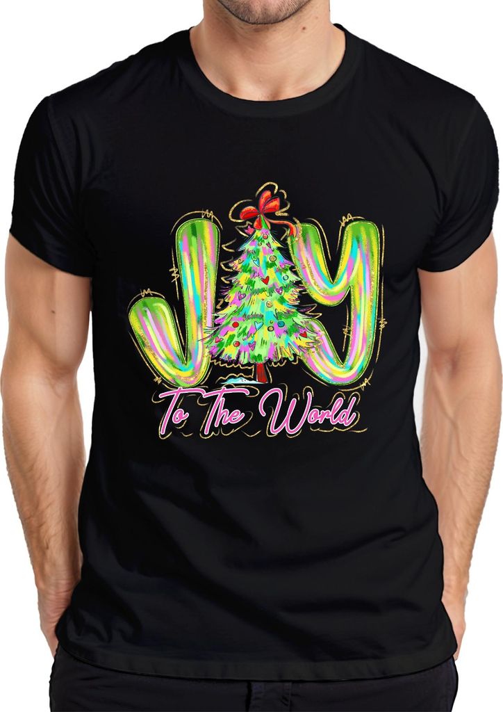 Joy To The World Christmas Tree Neon Glitter Festive Gift Holiday Herren T-Shirt, Schwarz, XL