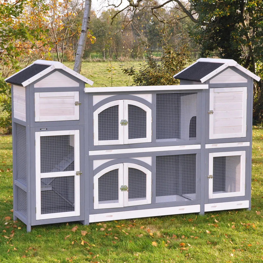 Grand clapier à lapins à deux étages en bois robuste gris et blanc