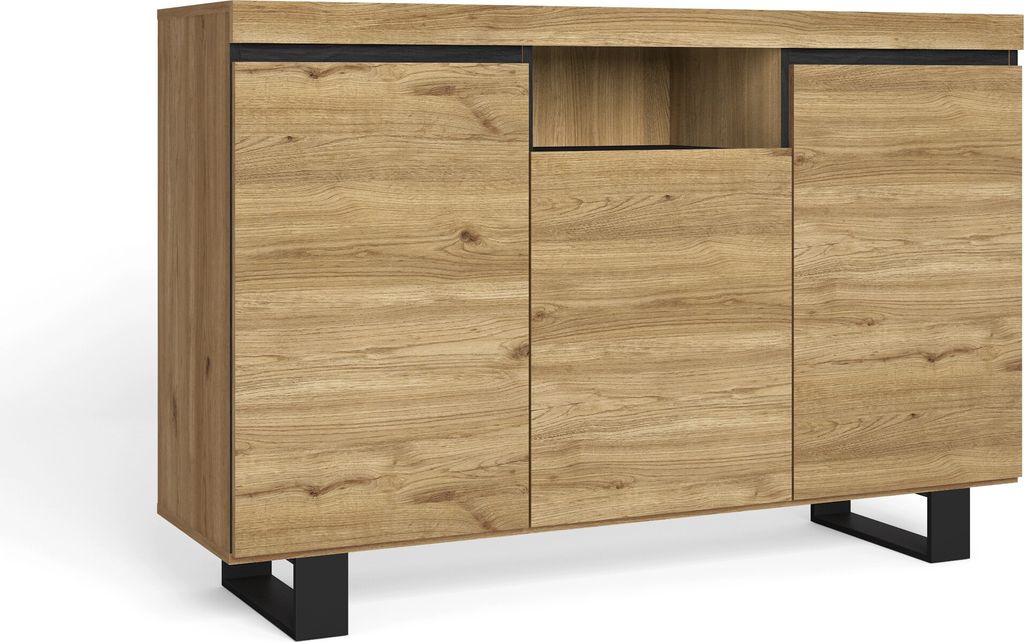 Skraut Home - Anrichte für Wohnzimmer, Esszimmer, Büro, Farbe: Eiche/Schwarz, 3 Türen, 1 Fach, 140x40x92cm, Nordic