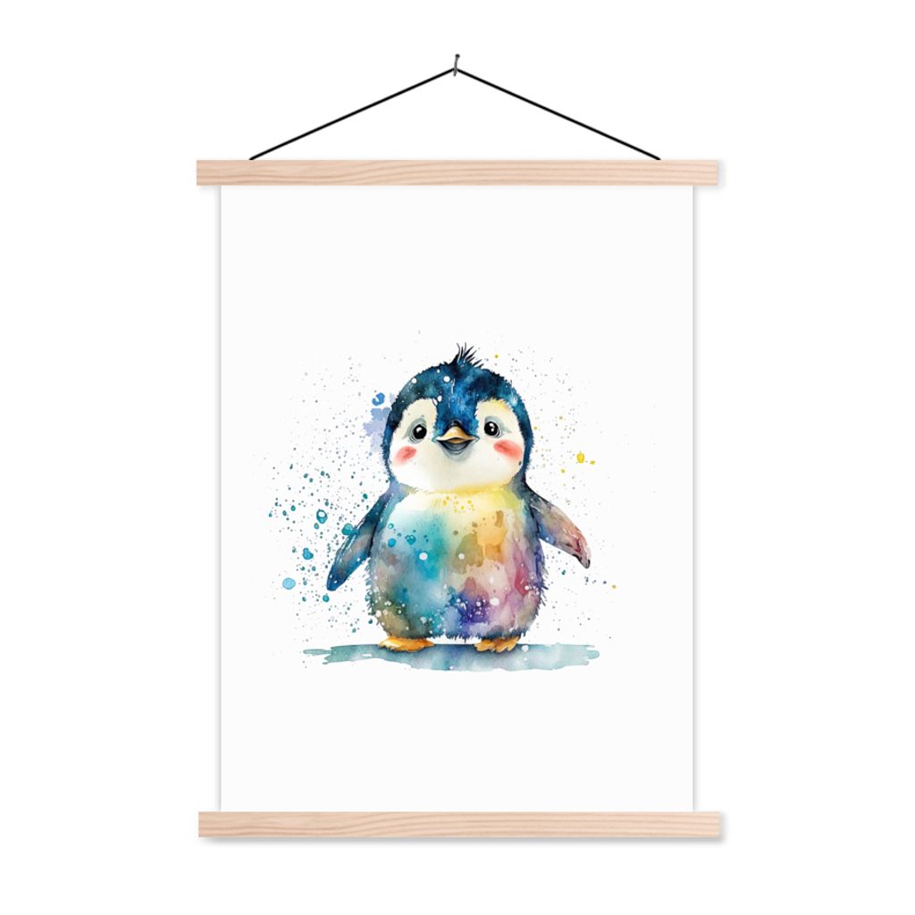 MuchoWow Textilposter Pinguin - Regenbogen - Aquarell - Tiere - Kinder 60x80 cm mit holzfarbenen Rahmen - Wandbild