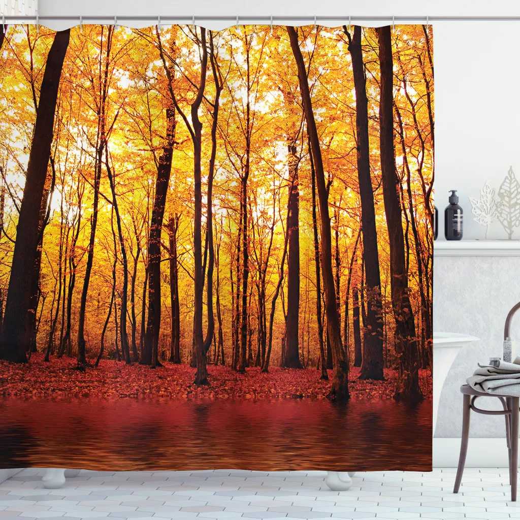 ABAKUHAUS Tenda da doccia naturale, alberi autunnali, acqua opaca, incl. 12 anelli, resistente a batteri e muffe, 175 x 200 cm, arancione marrone
