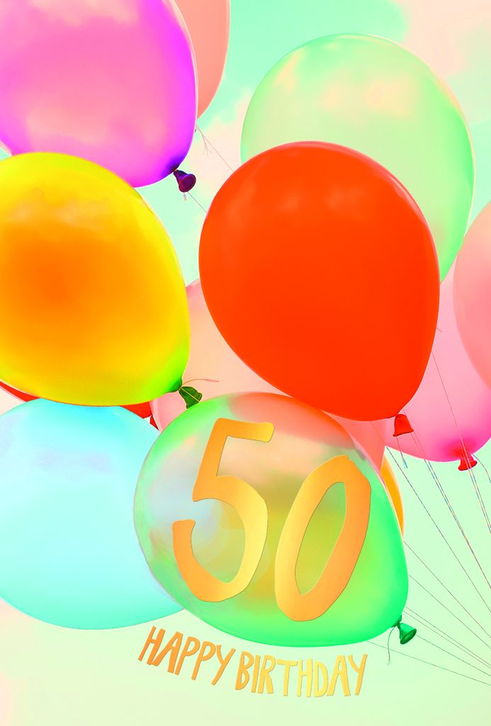 50. Geburtstag - Karte mit Umschlag - bunte Luftballons
