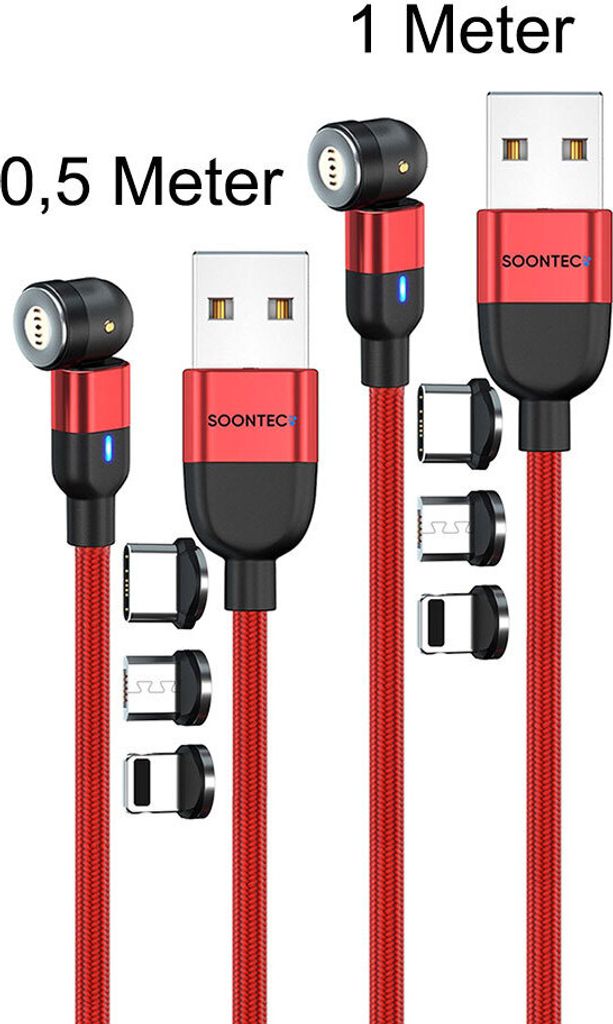 Magnet Ladekabel 2er Set (0,5 Meter+1 Meter) SOONTEC Magnetladekabel drehbar 360°&180° mit je 3 Stecker Micro USB/ USB-C/ Lightning 3,0 A Ladekab...