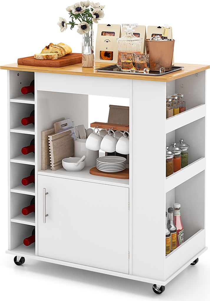 A white kitchen cart with a wooden top, filled with various kitchen items and wine bottles.