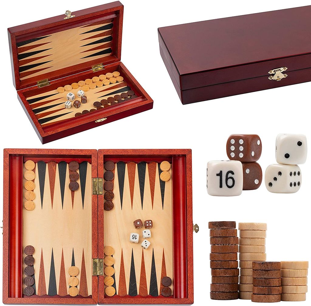 TRYKTRAK Backgammon Classic 33 x 28 cm Reiseset aus Holz in einem eleganten Brettspiel aus Mahagoni für Erwachsene und für KDS
