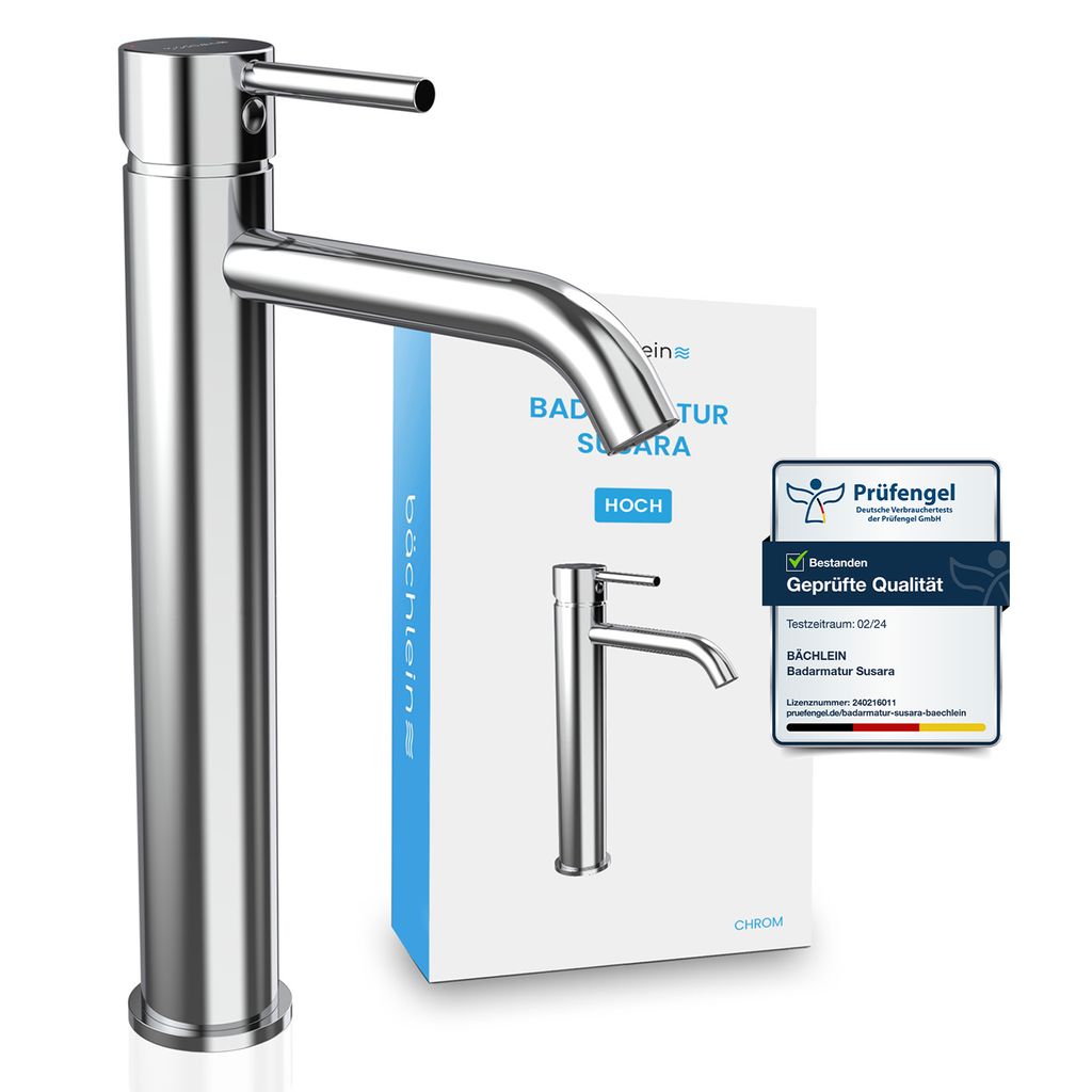 Bächlein Badarmatur Susara hoch mit gebogenem Auslauf, Extra hoher Design Einhebelmischer für Aufsatzwaschbecken mit langlebiger Keramikkartusche...