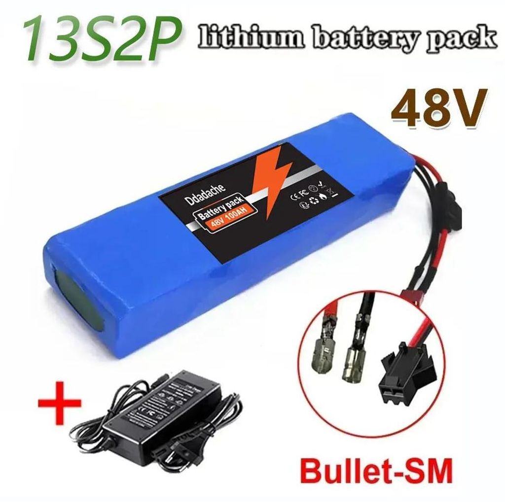 E-Bike Akku - Li-Ion 13S2P - 48V 100Ah - Bullet+SM-Stecker - 54,6V Ladegerät inklusive - BMS 250–1000W - 238×48×68 mm