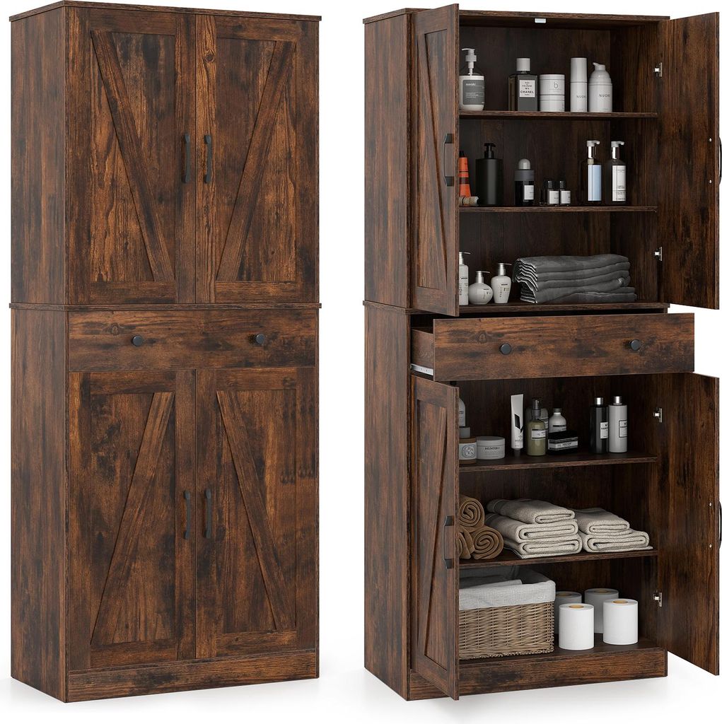 COSTWAY Küchenschrank hoch, 183 cm, Vorratsschrank mit 4 Türen, Schublade & 3 Regalen, Mehrzweckschrank modern, Hochschrank Buffetschrank, Braun