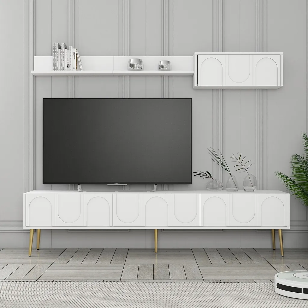 Meuble TV Skye Decor Lyon 2 Blanc et Or en Mélaminé - 180 x 35 x 43 cm